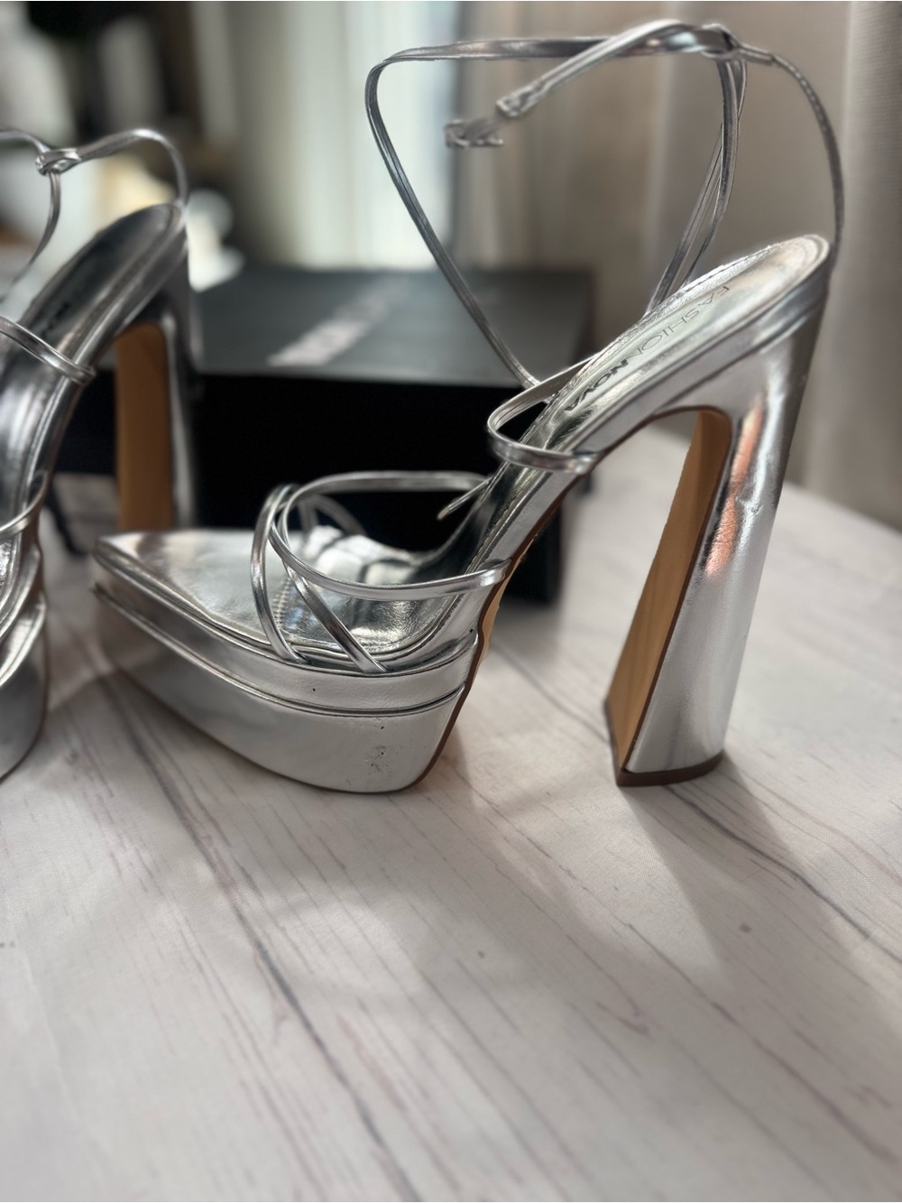 Fashion Nova Metallic Silver Platform Strappy Heels size 11 - Picture 7 of 8
